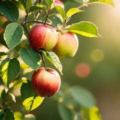 There are several apples hanging on the tree with green leaves