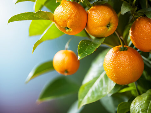 There are many oranges growing on the tree in the garden