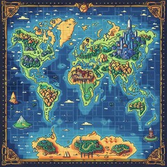 Retro video game world map, with pixelated continents and vintage graphics, Modern, Bright colors, Digital art, Fun and nostalgic.