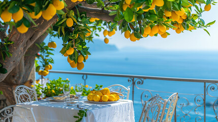 Table with lemons and a view of the ocean for food, travel, and lifestyle