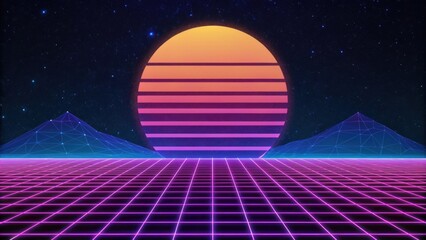 A futuristic neon grid with glowing lines and a dark background.