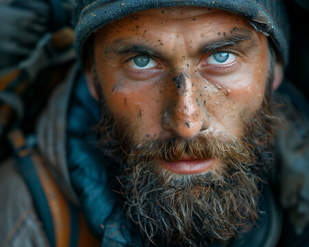 Tired hiker portrait of a men traveler, with a beard. Face covered in sweat and dirt, survivor concept