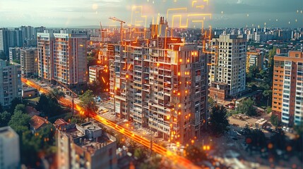 Naklejka premium The residential developers market with a clear depiction of a decline in bond values. include modern apartment buildings, with a prominent downward trend line on a graph. Generative AI.