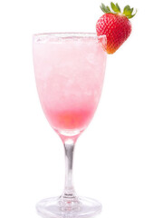 Sweet Serenade Fruity pink cocktail in a tall slender glass garnished with a strawberry slice