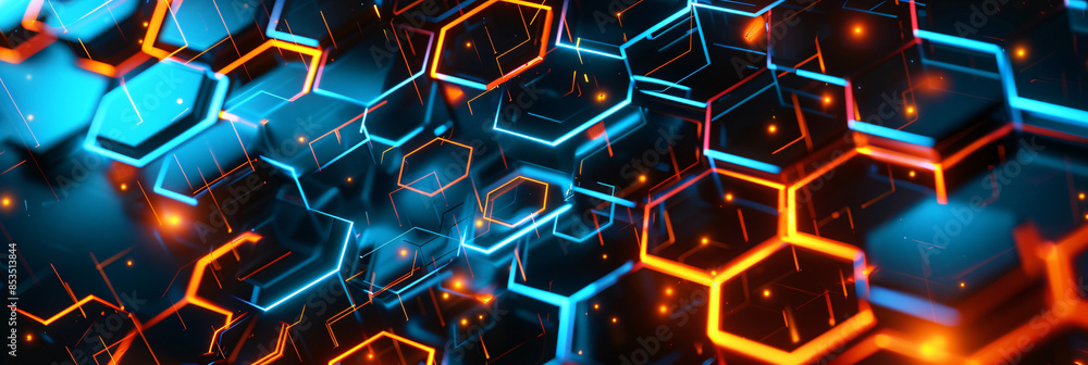 Poster abstract blue and orange hexagonal pattern with copy space text for technology, futuristic, and desi