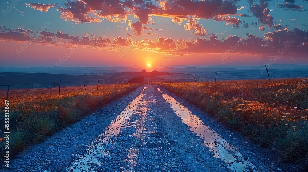 Aufkleber a path into the distance at twilight. the road beckons. generative ai.