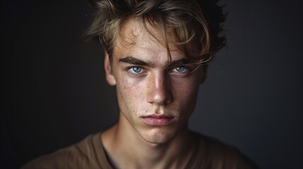 Obraz premium A highly detailed photograph of a confident young adult, looking directly at the camera with a poised and composed expression, every aspect of their individuality captured in sharp detail