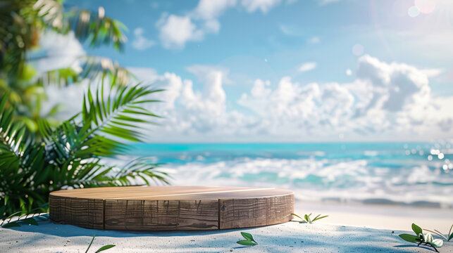 Wooden podium on beach with palm trees and blue sky with copy space text for summer, vacation, and travel