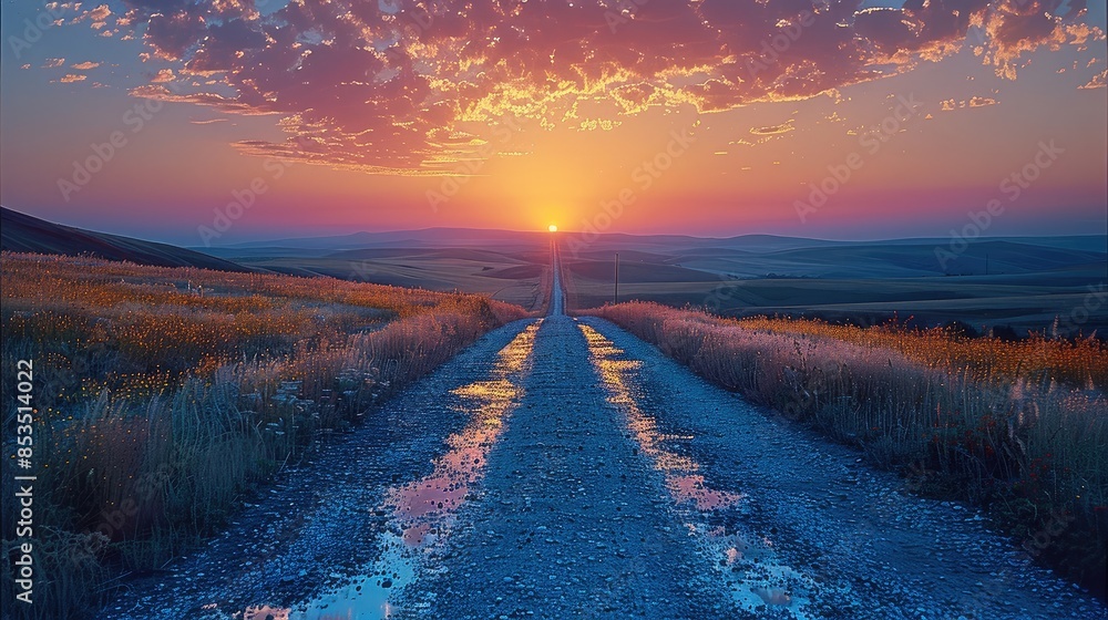 Poster A path into the distance at twilight. The road beckons. Generative AI.