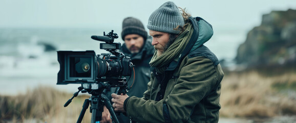A professional cinematographer stands next to the camera, holding it in his hands and ready for action on an outdoor set