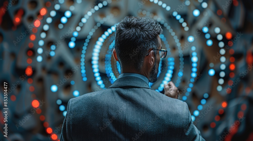 Poster an indian businessman looking at a focus point of the target icon. generative ai.
