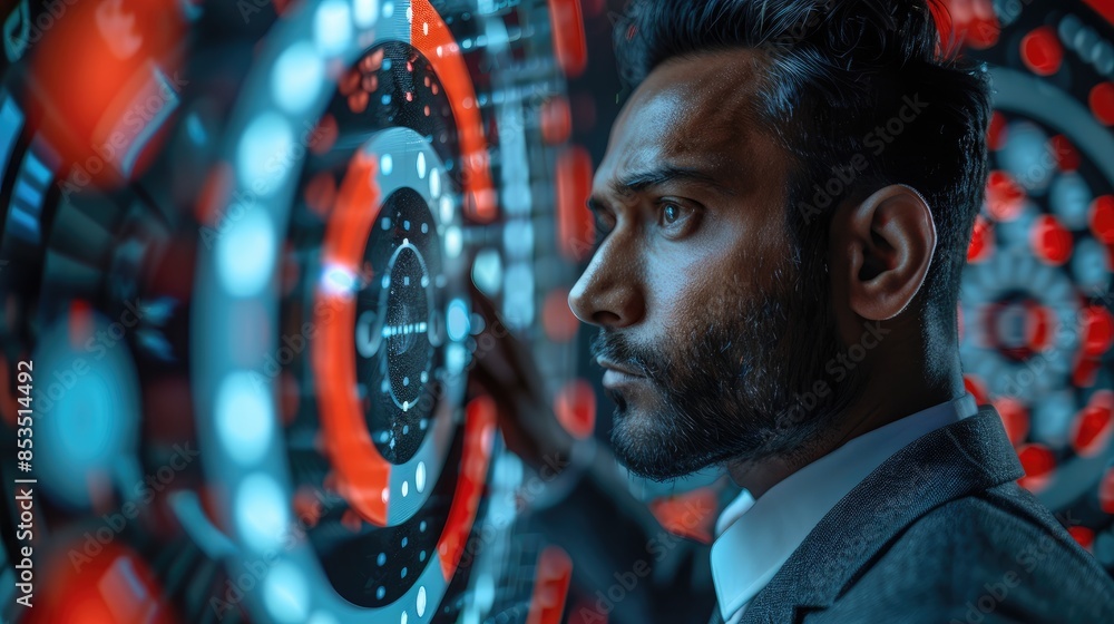 Poster an indian businessman looking at a focus point of the target icon. generative ai.