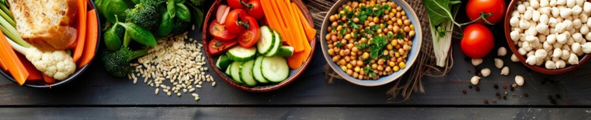 Flat lay of a balanced meal with vegetables, lean proteins, and whole grains, bright and natural lighting highlighting nutritious choices