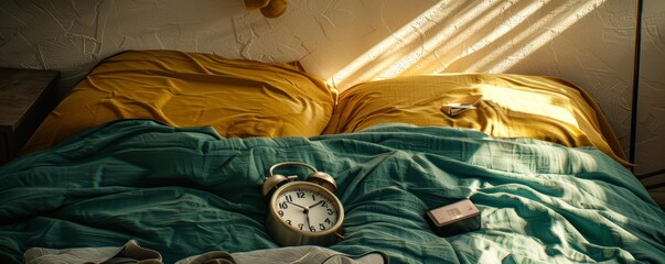 Flat lay of a messy bed and an alarm clock, symbolizing disrupted sleep, soft and dim bedroom lighting