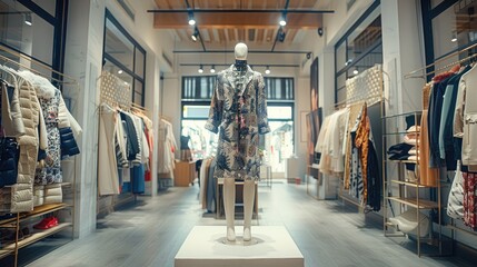 Fototapeta premium Fashion studio spacious, mannequin with textile pattern outfit at the sides, clothes being displayed on the wall. Generative AI.