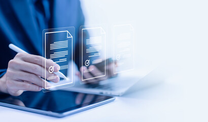 businessman signs used signature in the transaction business on a laptop. concept of document...