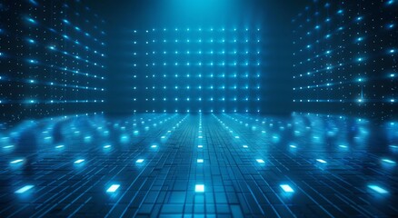 Obraz premium Blue technology background with light and shadow, a grid of LED lights on the wall, glowing blue square patterns on the dark floor