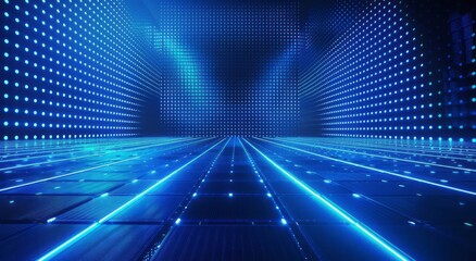 Blue technology background with light and shadow, a grid of LED lights on the wall, glowing blue square patterns on the dark floor