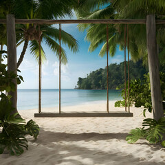 A tranquil tropical beach backdrop features a beach swing or hammock, white sand, and a serene sea, ideal for relaxation and summer holidays.