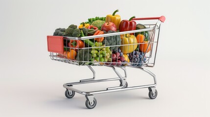 A very long shopping cart filled with groceries on a white background. Generative AI.