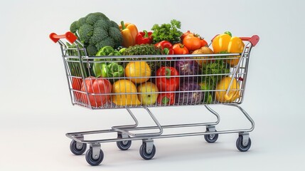 A very long shopping cart filled with groceries on a white background. Generative AI.