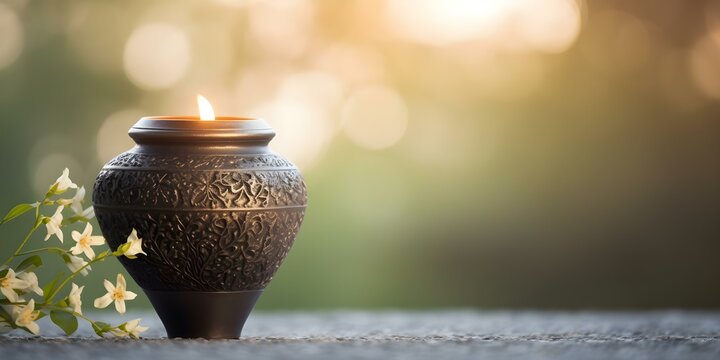 Cremation urn ashes closeup against tranquil background, conveying solemnity and peace. Concept Cremation Urn, Ashes, Close-up, Tranquil Background, Solace