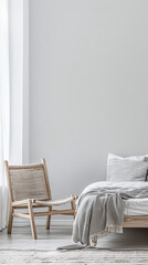 Master bedroom in minimalist style with minimal furniture, natural window lighting and neutral tones. Residential interior design composition, Real Estate ad.