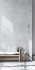 Master bedroom in minimalist style with minimal furniture, natural window lighting and neutral tones. Residential interior design composition, Real Estate ad.