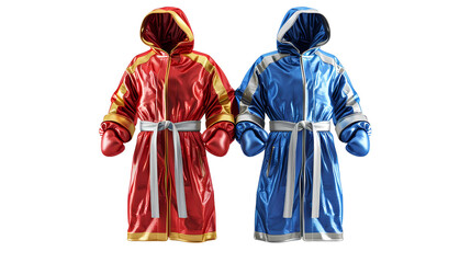 Fototapeta premium Mockup of a boxing robe with hood, red with golden and blue with silver, on transparent background PNG file, Generative AI illustrations. 