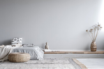 Master bedroom in minimalist style with minimal furniture, natural window lighting and neutral tones. Residential interior design composition, Real Estate ad.