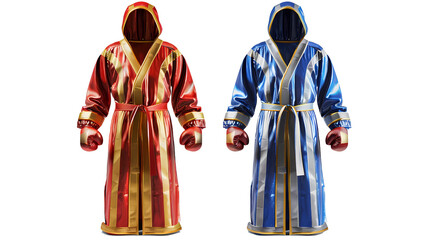 Mockup of a boxing robe with hood, red with golden and blue with silver, on transparent background PNG file, Generative AI illustrations.  	
