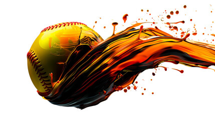 A 3D yellow baseball made from liquid paint black, red, orange and yellow colors, flying  on transparent background PNG file, Generative AI illustrations.  