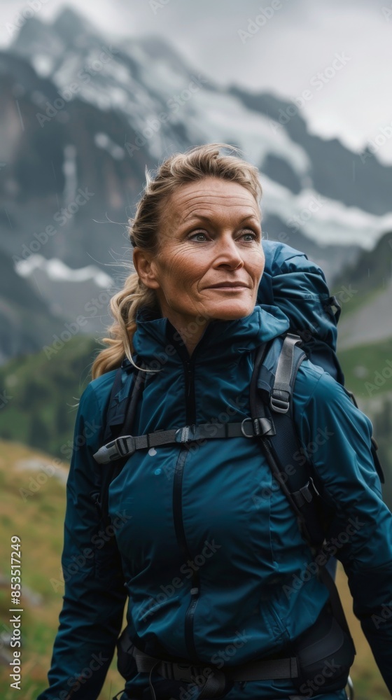 Wall mural Woman Hiking With Backpack in Mountainous Landscape