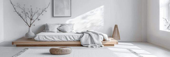Master bedroom in minimalist style with minimal furniture, natural window lighting and neutral tones. Residential interior design composition, Real Estate ad.