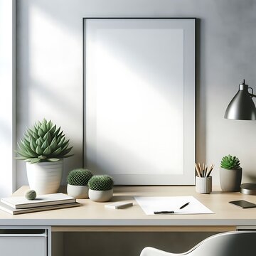 A desk with a picture frame decoration and a plant on it professional.