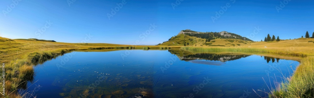 Wall mural Tranquil Mountain Lake Reflecting Green Hills on a Sunny Day - Wall murals