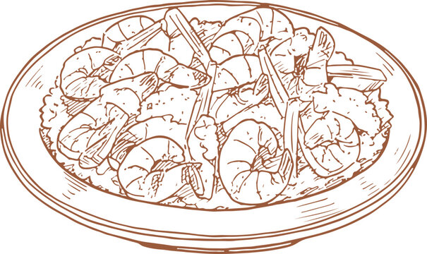 recommend clip art: Baked Seafood Rice outline hand drawn engraving