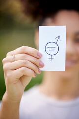Icon, hand and woman with card for equal pay, inclusion and support for income opportunity in...