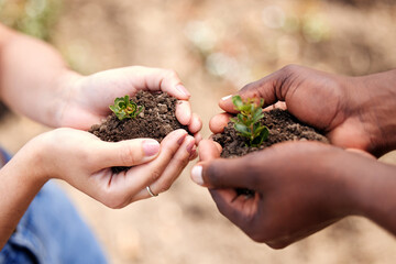 Interracial, people and hands with soil for natural growth, sprout or care in outdoor nature....