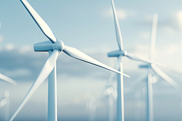Panoramic view of wind farm with turbines generating electricity, promoting green energy