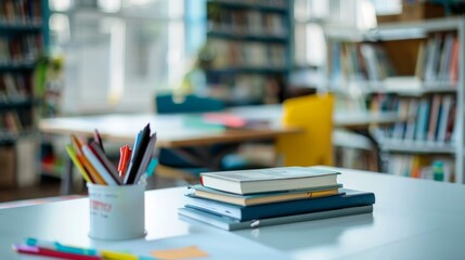 Cropped shot of white table with books, stationery and copy space in blurred study room