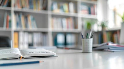 Cropped shot of white table with books, stationery and copy space in blurred study room