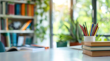 Cropped shot of white table with books, stationery and copy space in blurred study room