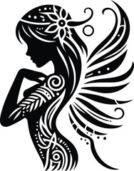 fairy in silhouete with bohemian nature pattern illustration