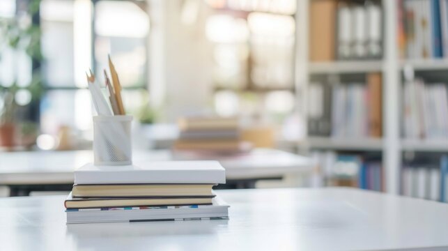 Cropped shot of white table with books, stationery and copy space in blurred study room