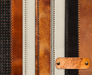 Horizontal or vertical background with leather belts of black, brown and light beige color and label. Collection of belts with decorative borders, rivets and cowhide tag. Copy space for text
