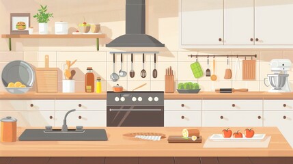 Interior of light kitchen with counters