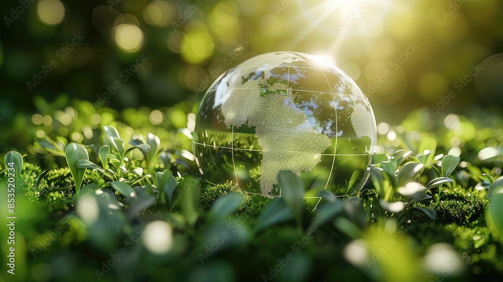 Poster a glass globe with the world map inside, surrounded by lush greenery and sunlight rays, symbolizing 