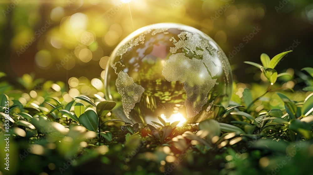 Poster a glass globe with the world map inside, surrounded by lush greenery and sunlight rays, symbolizing 