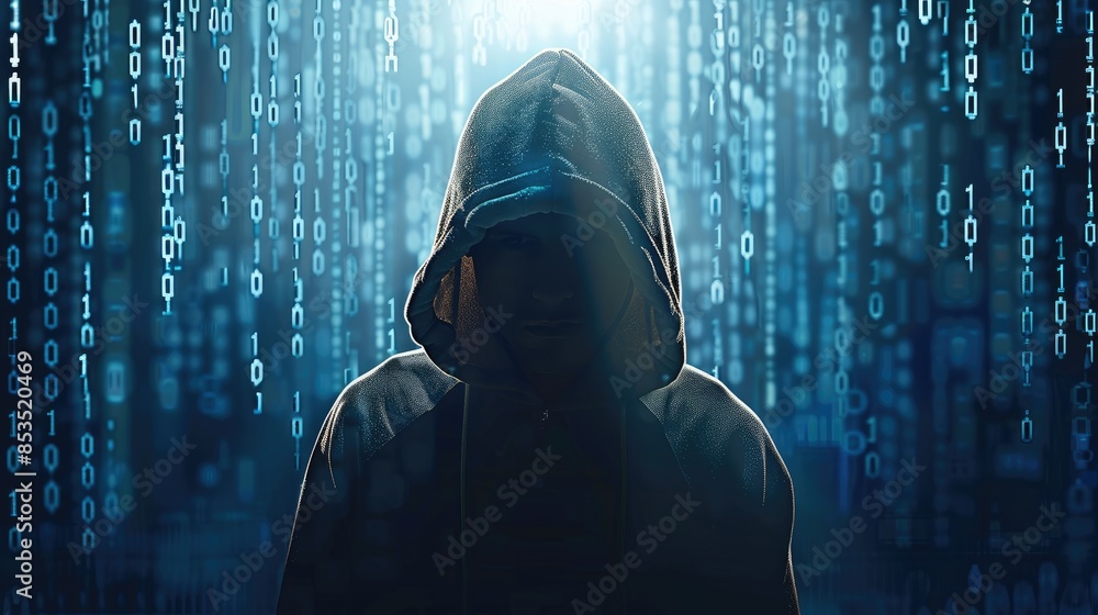 Poster A shadowy figure in a hoodie, representing a hacker, standing against a backdrop of binary code. The image conveys themes of cybersecurity threats, hacking, and digital crime. Generative AI.